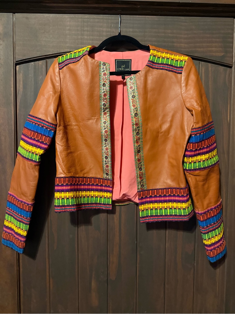 La Matilde High End Leather Jacket with Multicolor Floral Embroidery